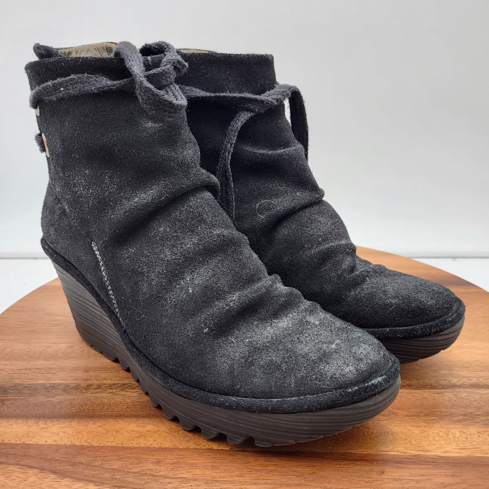 Fly London Ankle Boot Womens 7.5 / 8 Yama Black Suede Wedge Lace-up Back Booties - Picture 3 of 16